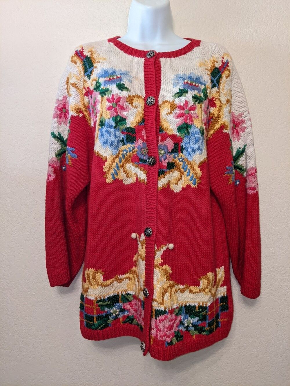 Cullinane Cardigan Christmas Sweater not Ugly Floral Long Hand Knitted Sz Small